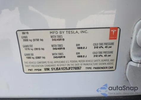 2018 Tesla Model S 100D/75D/P100D z USA, uszkodzony, nr VIN 5YJSA1E25JF276067